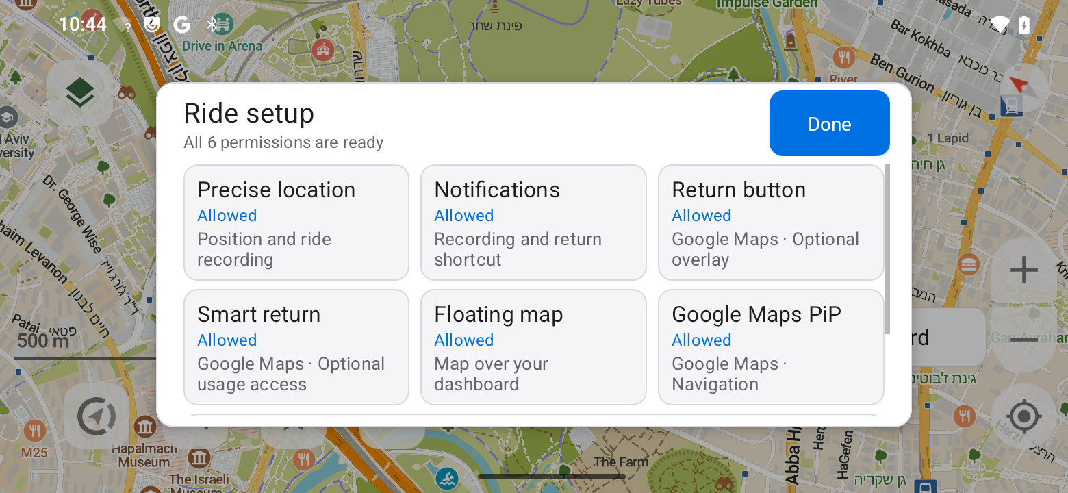 VargGPS Ride setup permission controls on the Android 14 test phone.