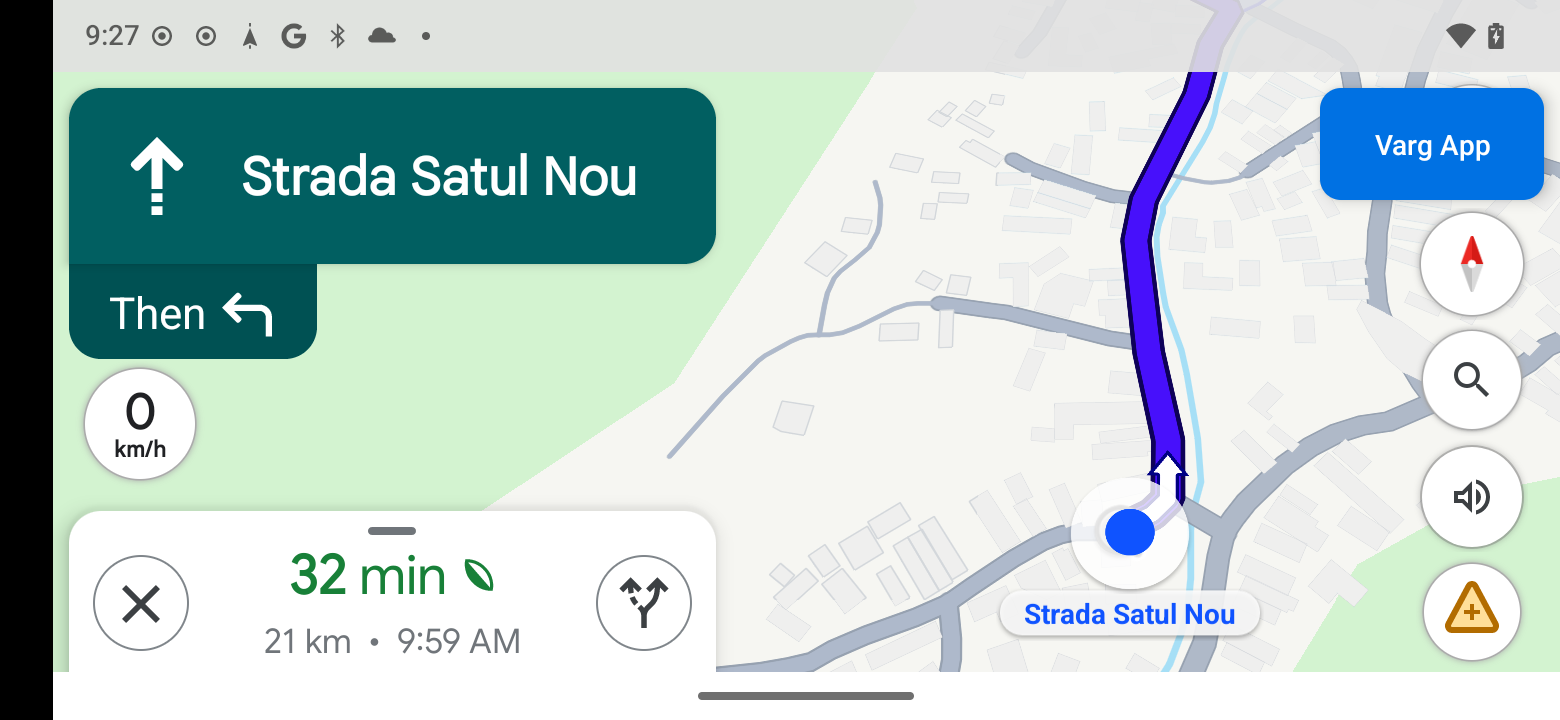 Google Maps with the Varg App return button and a demo route near Sibiu, Romania.