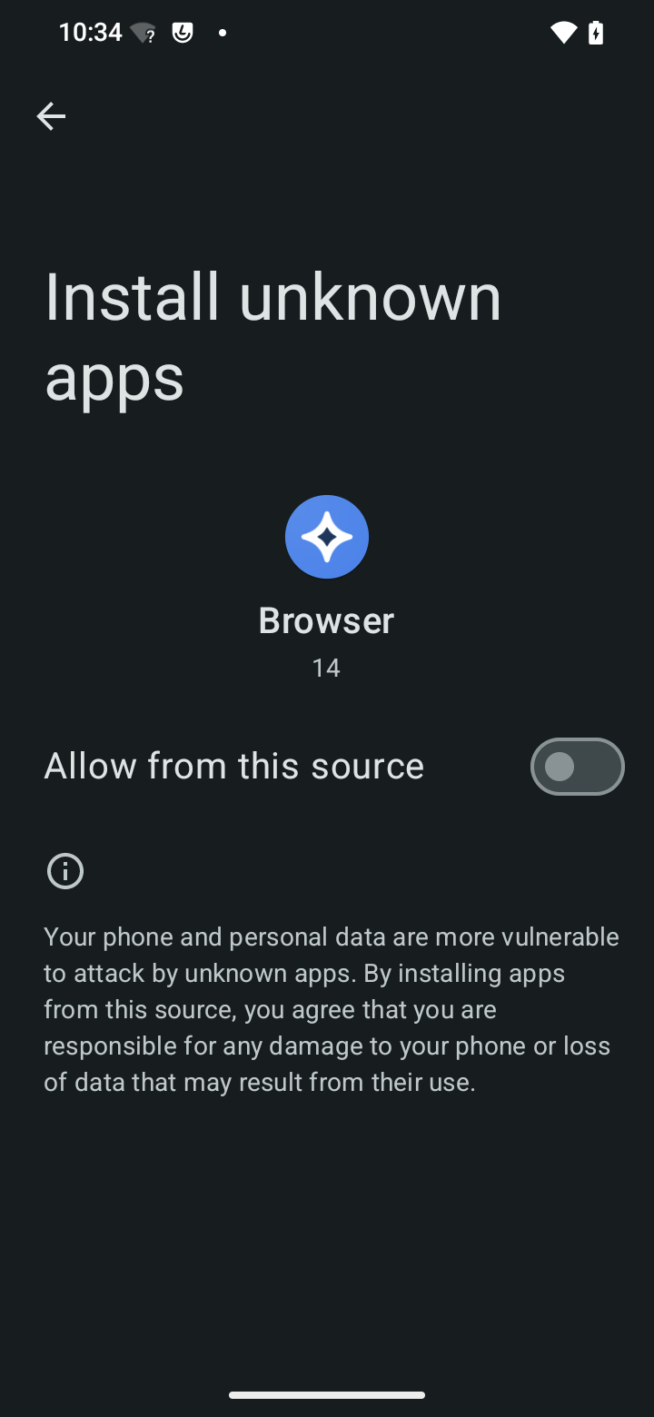 Android Install unknown apps setting on the test phone, showing Allow from this source.